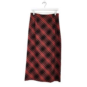 Vintage 90s Briggs New York Red Brown Plaid Midi Skirt High Rise Dark Academia 6